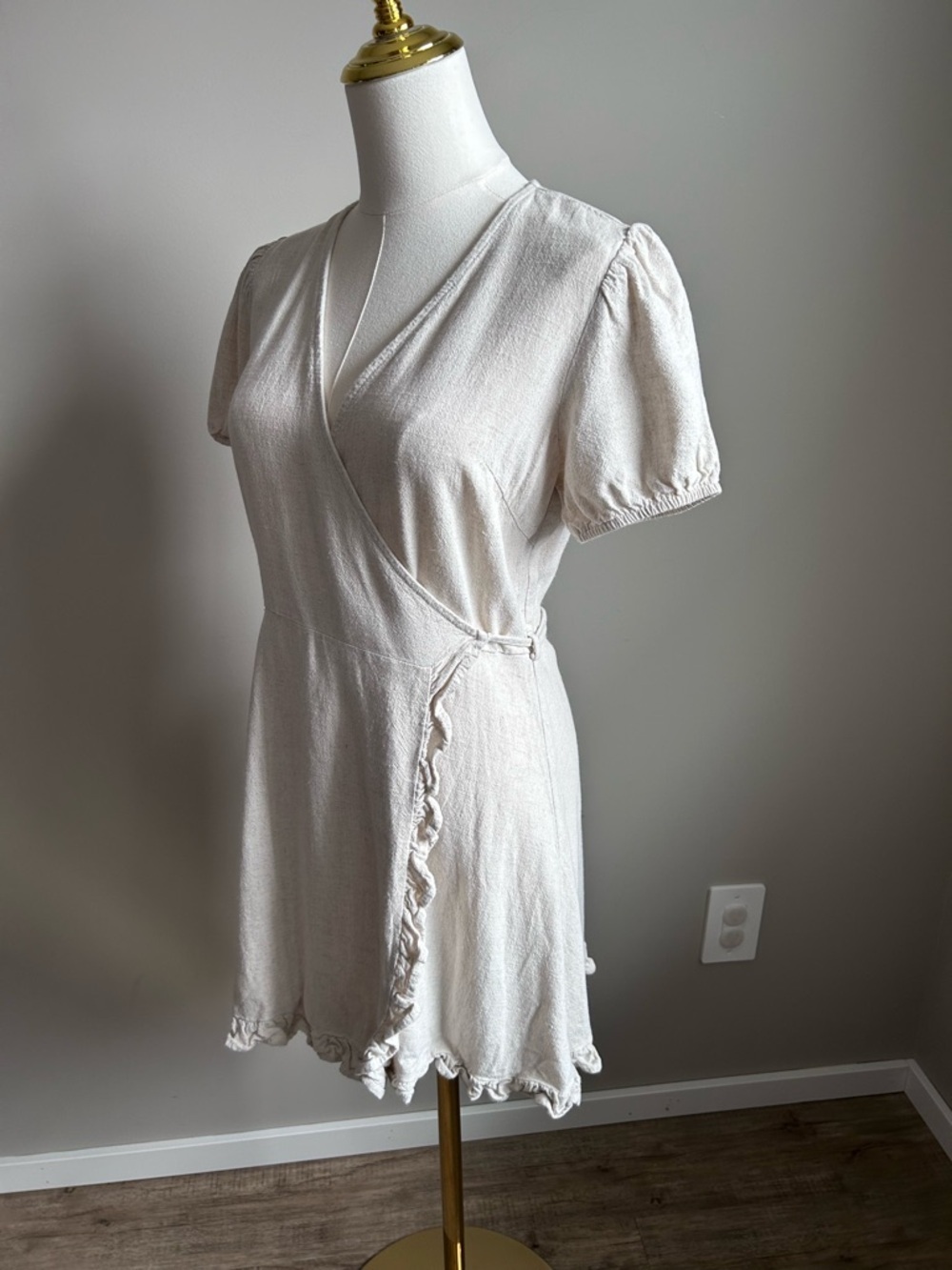 Linen blend Cream Wrap-Style Short Dress with Ruffle Trim boho summer beachy